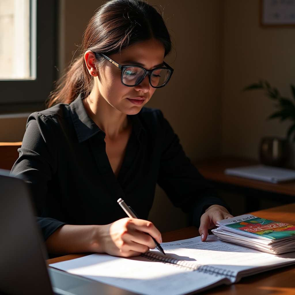 Program facilitator reviewing educational materials in preparation for a community session in Veracruz