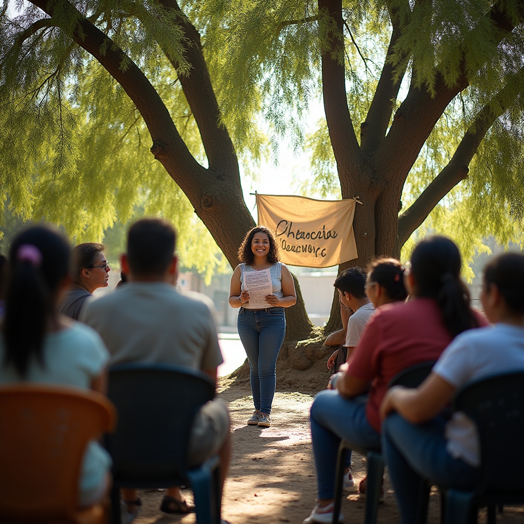 Outdoor community session in a Veracruz plaza where residents gather for financial education training