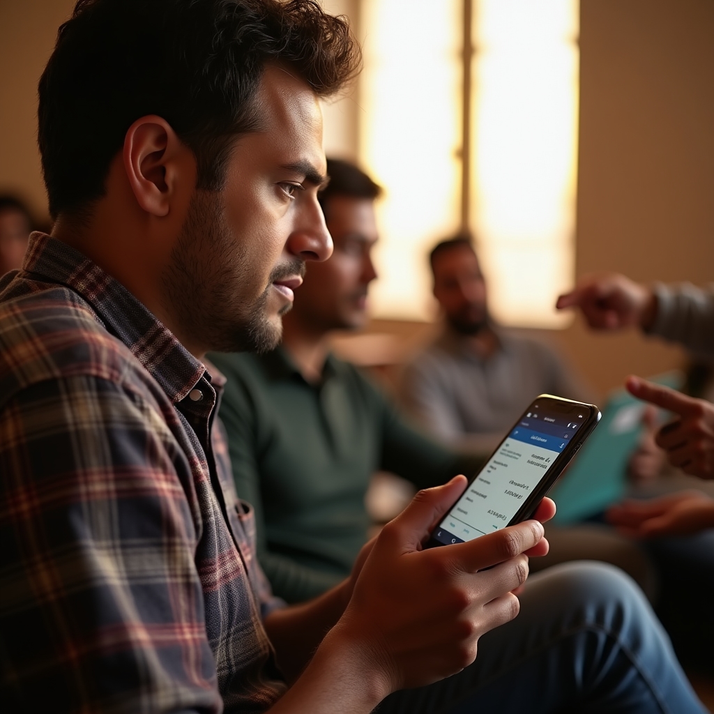 Community leader practicing SPEI transfer steps on a mobile device during an educational session